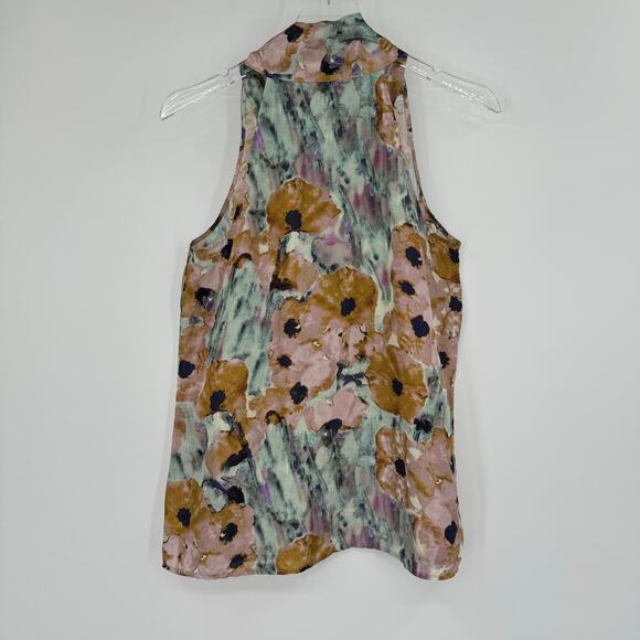 Theory blouse 100% silk watercolor floral sleeveless tie neck sash fairy small - Picture 4 of 8